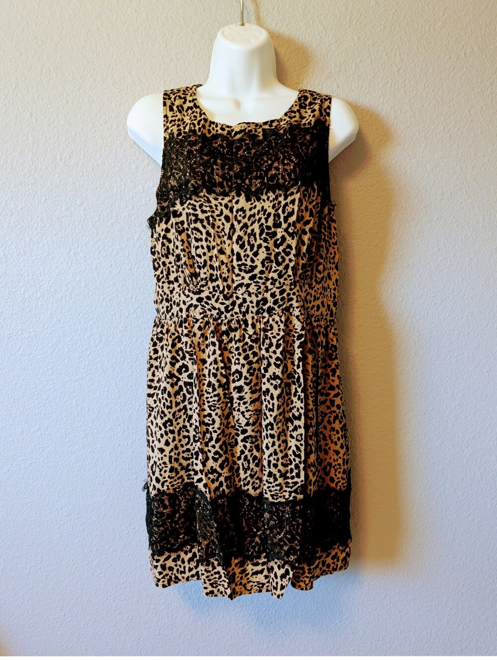 UP by Ultra Pink Leopard Print Mini Dress with Black Lace Sleeveless Sundress XL - Picture 3 of 11